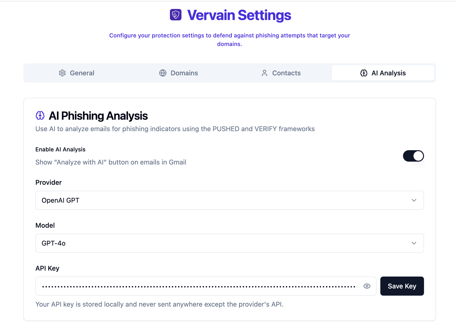 Vervain AI settings page showing provider selection, model choice, and API key configuration